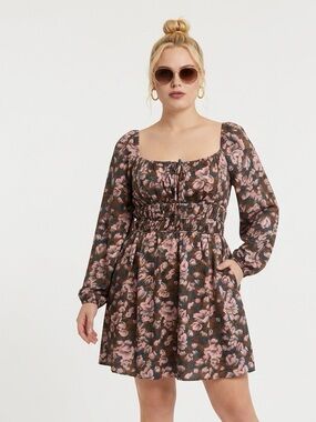 Lush Floral Long Sleeve Mini Dress Pink Brown Smocked Back Square Neck Small